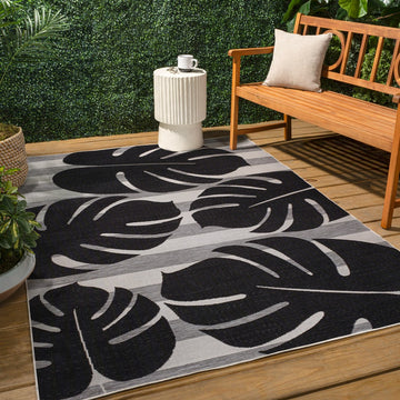 Allison Classic Beach Stripe And Monstera Leaf Indoor/Outdoor Area Rug